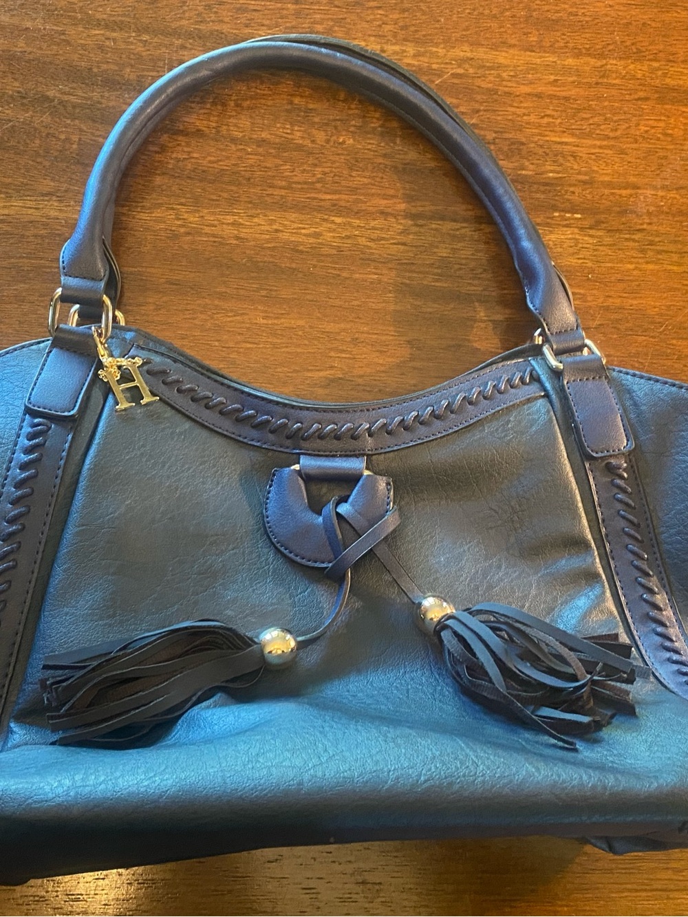 Halston Women Blue Faux Leather Hobo Satchel Handbag Braided Trim Tassel Gold H
